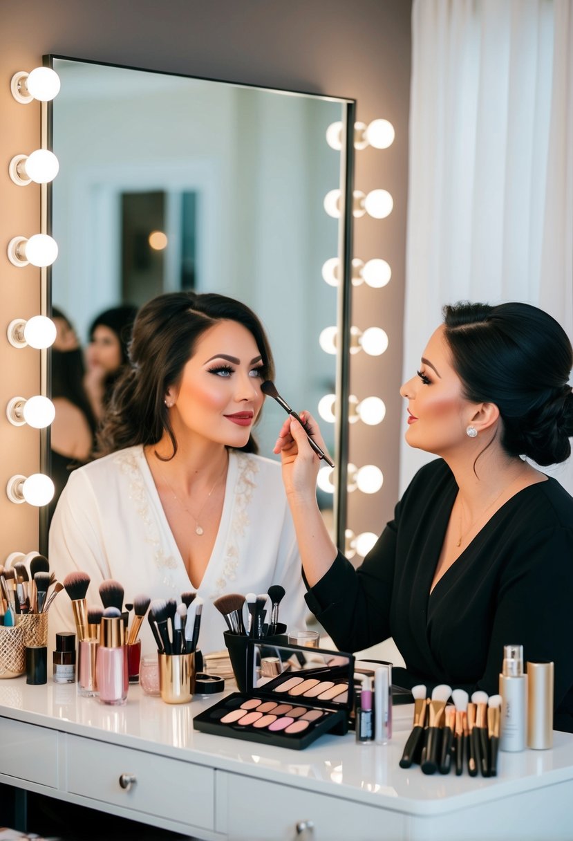 A makeup artist and client sit at a vanity, surrounded by various cosmetics and brushes. The artist applies makeup to the client's face, discussing wedding beauty tips