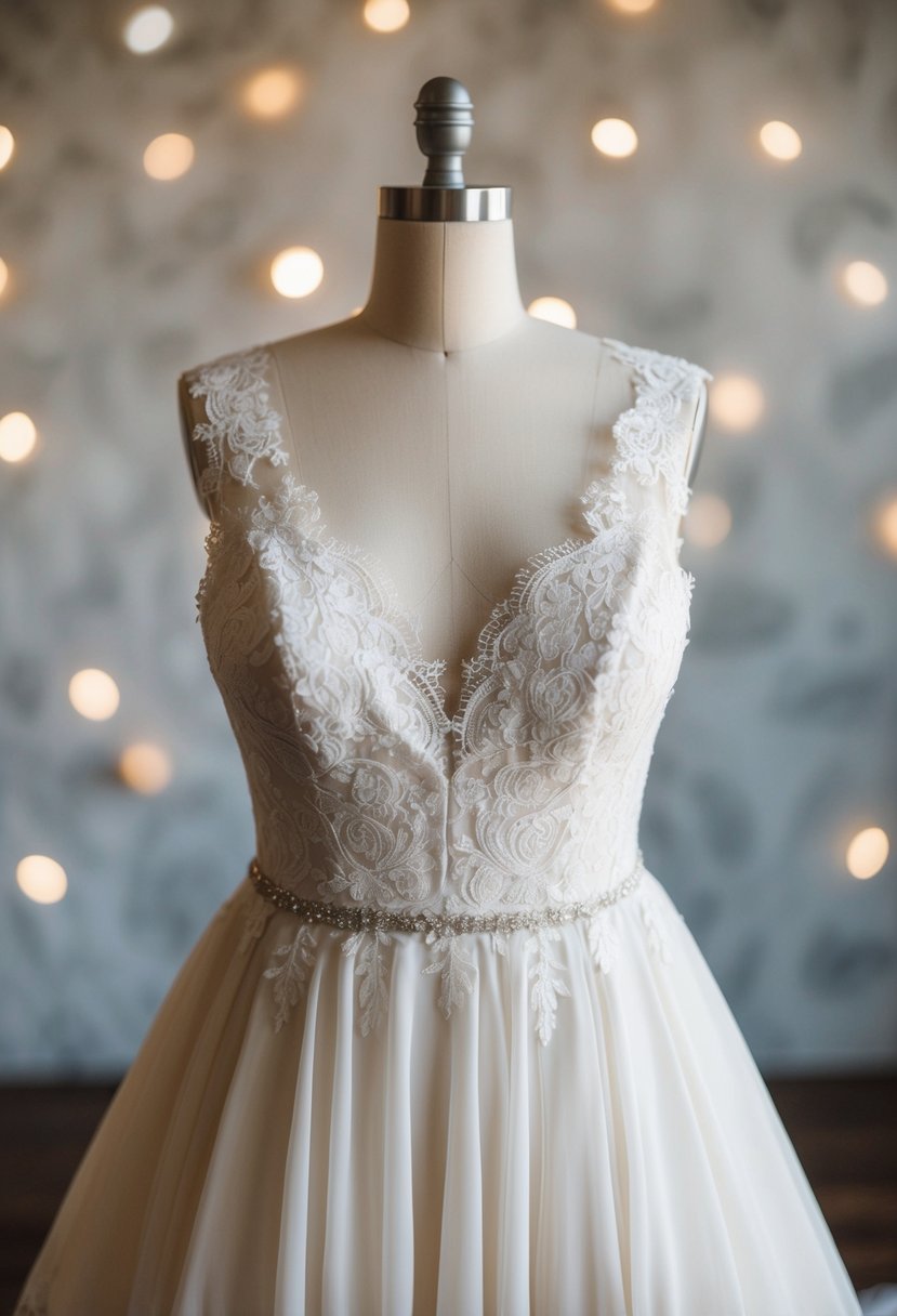 A mannequin adorned in a flowing, lace-trimmed plus size wedding gown, with emphasis on the neckline and waistline details