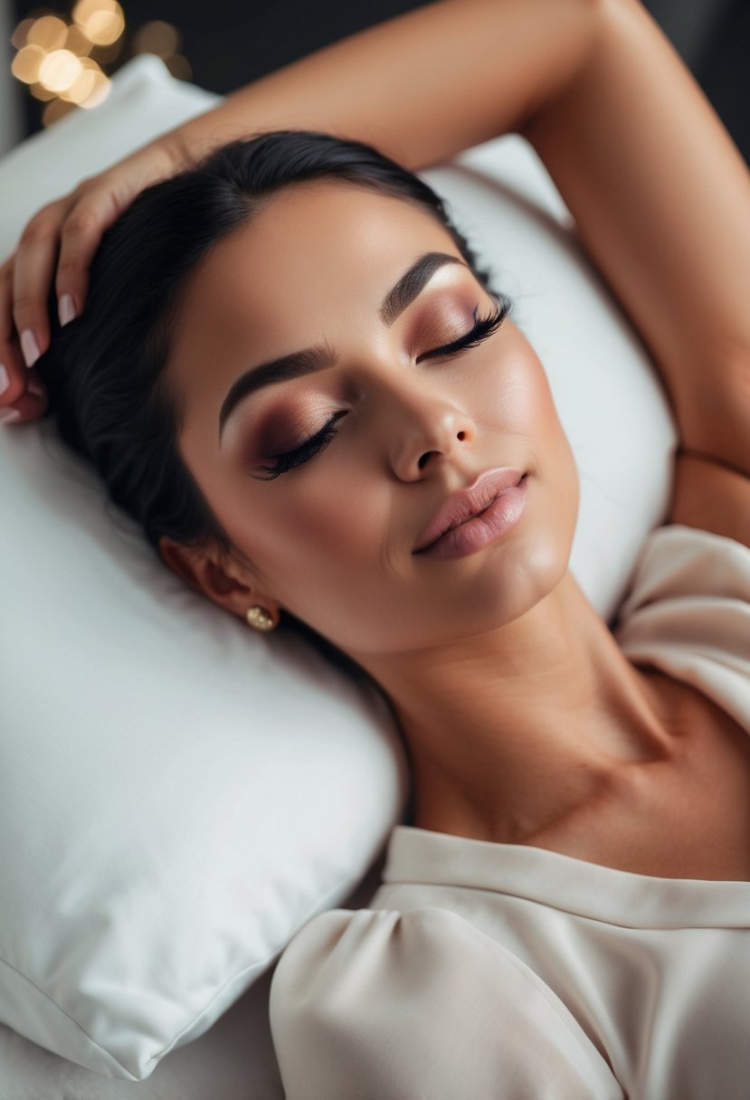 A serene, elegant woman reclining with closed eyes, long, voluminous eyelashes framing her eyes, radiating confidence and beauty