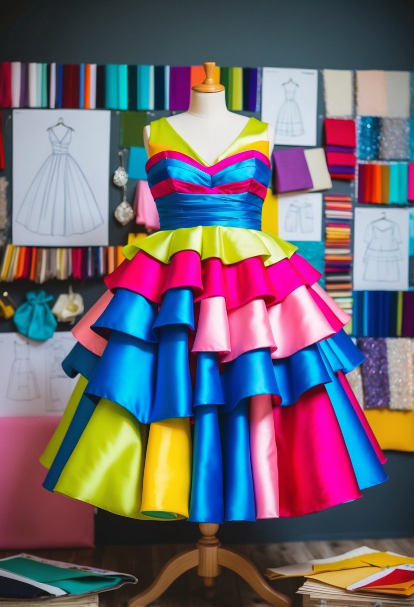 A vibrant plus-size wedding dress displayed on a mannequin, surrounded by a variety of colorful fabric swatches and design sketches