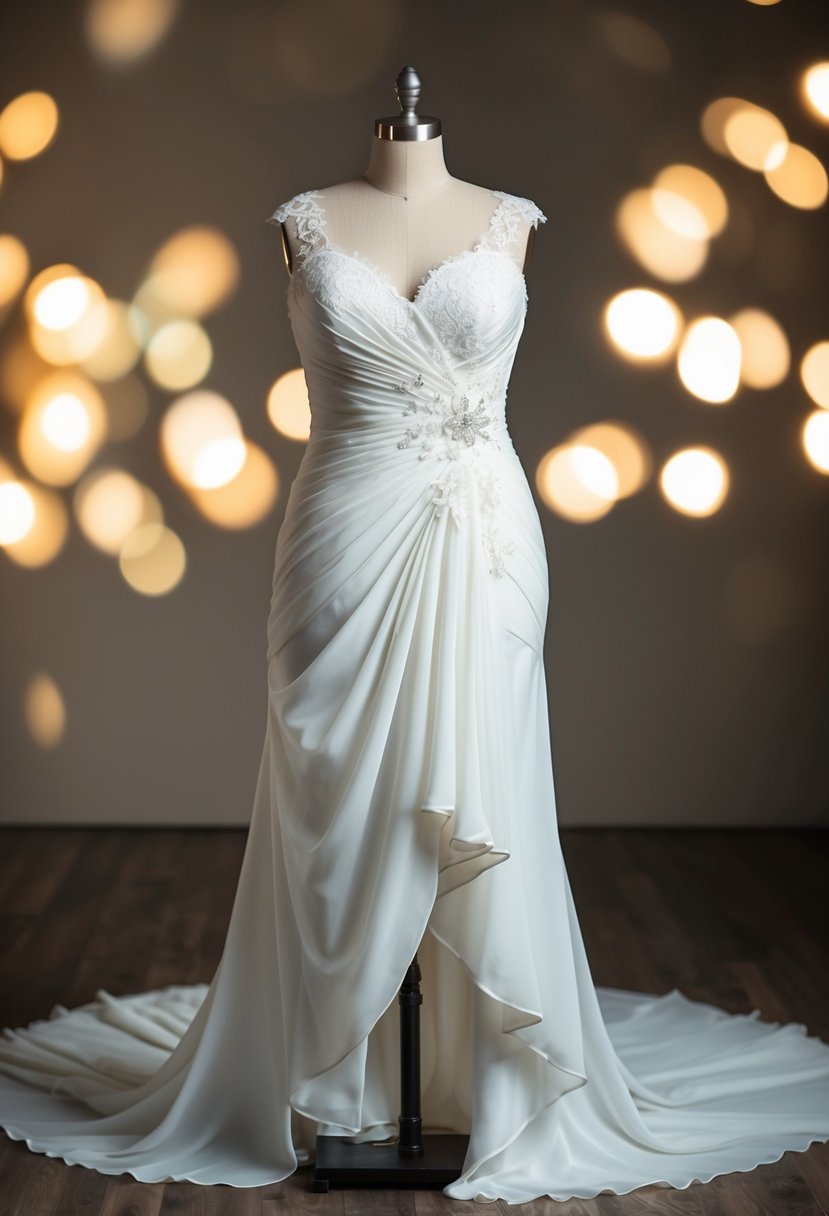 A plus-size wedding dress made of flowing chiffon, lace, and satin, draped over a mannequin