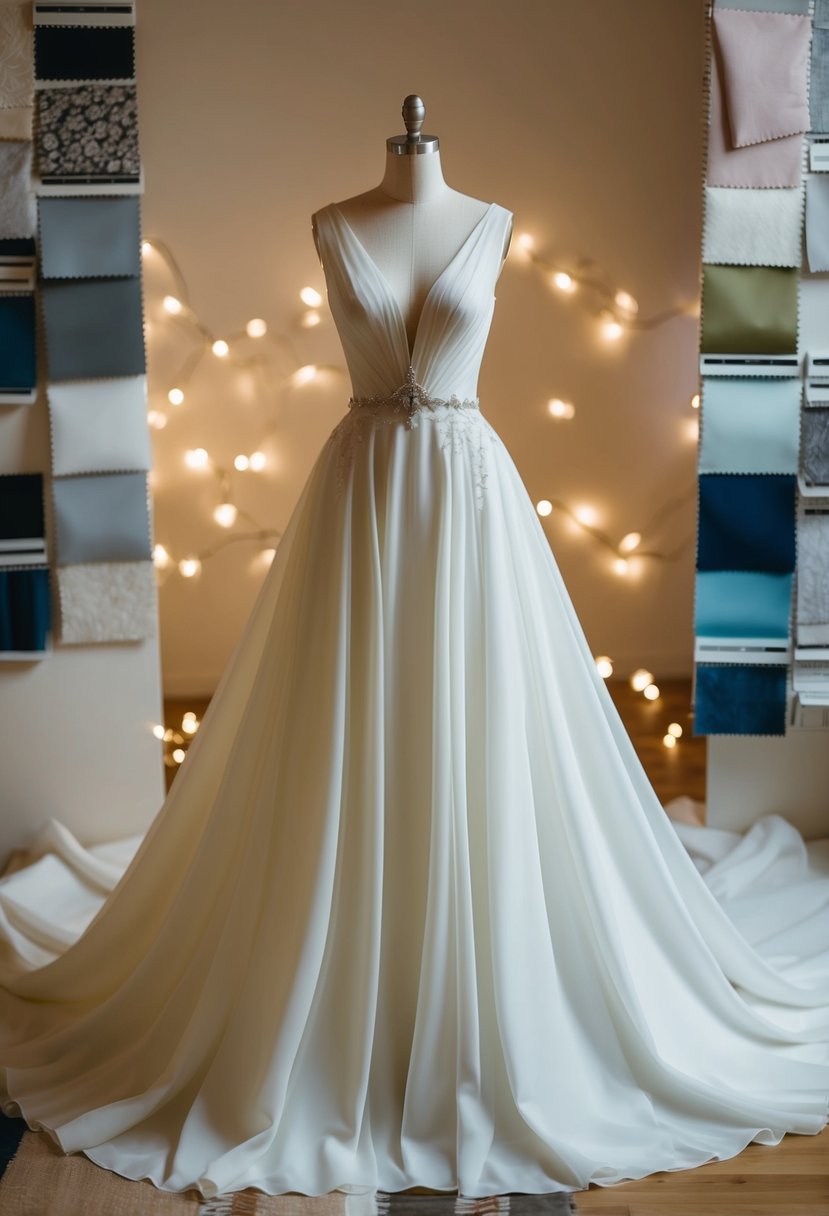 A mannequin wearing a flowing wedding dress with a silhouette that skims the body, surrounded by fabric swatches and dress patterns