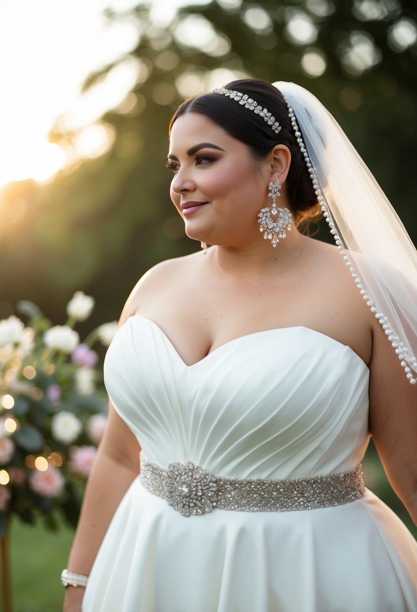 A plus size wedding dress adorned with elegant accessories like a sparkling belt, statement earrings, and a delicate veil