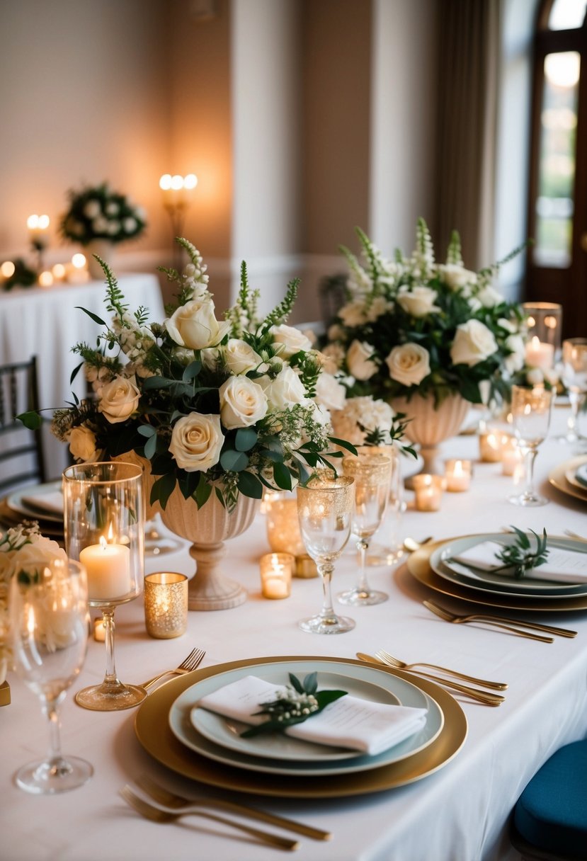 A beautifully decorated wedding table with elegant centerpieces and place settings, surrounded by soft candlelight and romantic ambiance