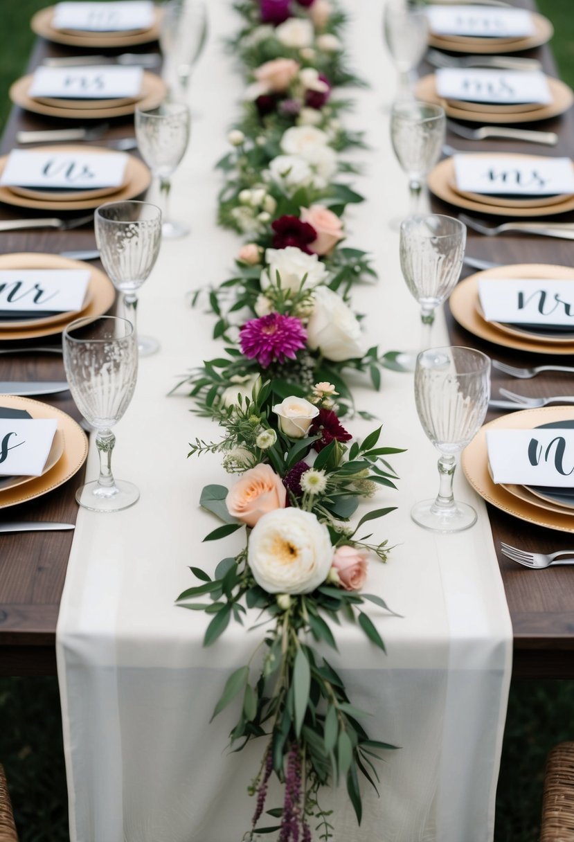 A long floral table runner adorns a wedding table, with "Mr and Mrs" accents