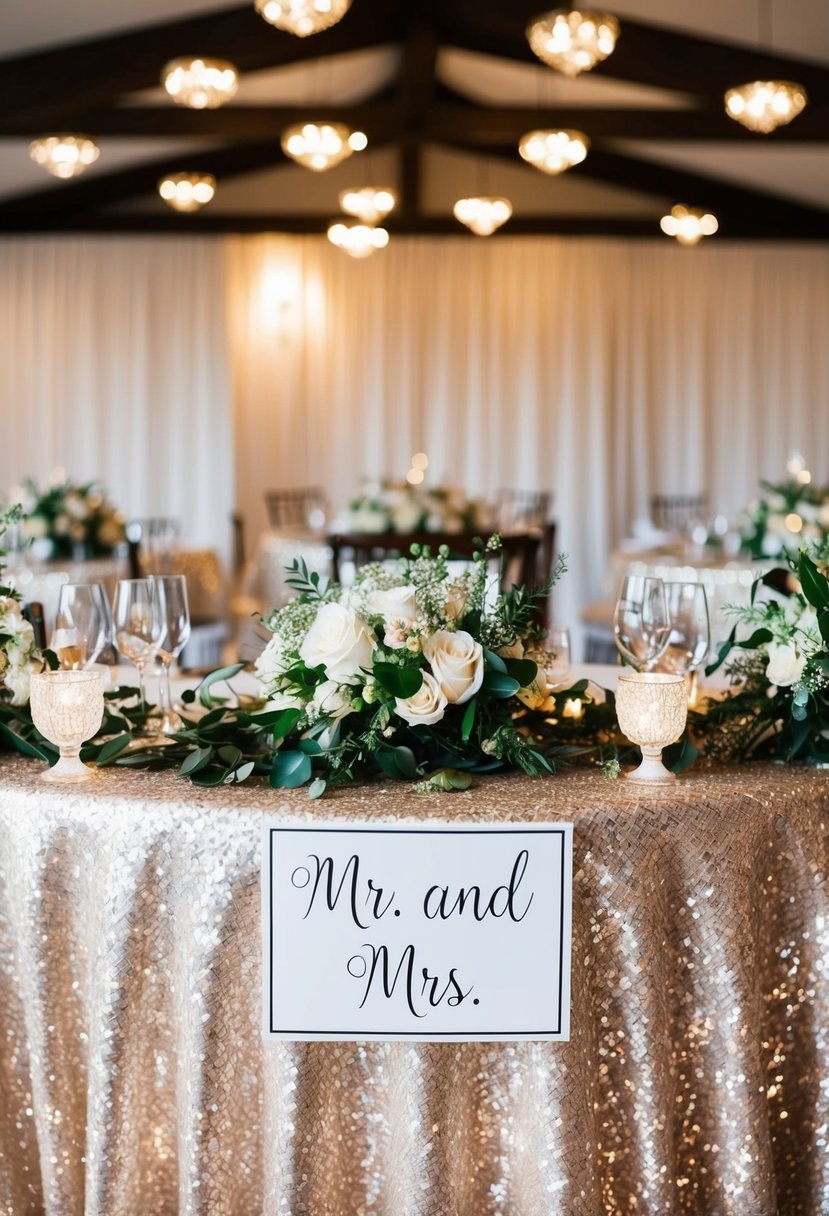 A glittering sequin tablecloth adorns a wedding table labeled "Mr. and Mrs.," surrounded by elegant decor and floral arrangements