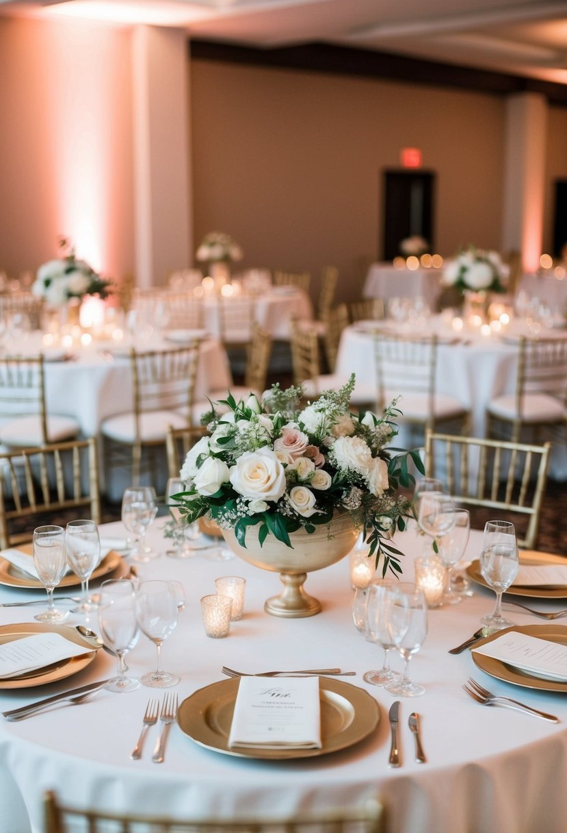 A round table with low floral centerpieces and elegant place settings for a wedding reception