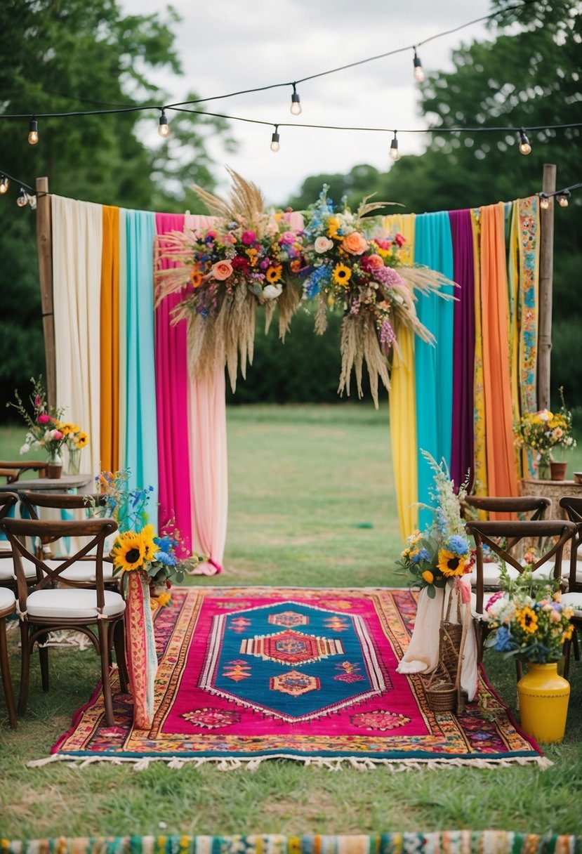 A colorful outdoor wedding with eclectic decor, vintage rugs, draped fabrics, and wildflower arrangements. A whimsical and free-spirited celebration