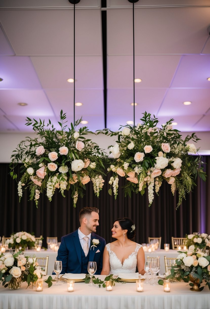 Floral arrangements hang above a Mr. and Mrs. wedding table, adding a touch of elegance and romance to the reception