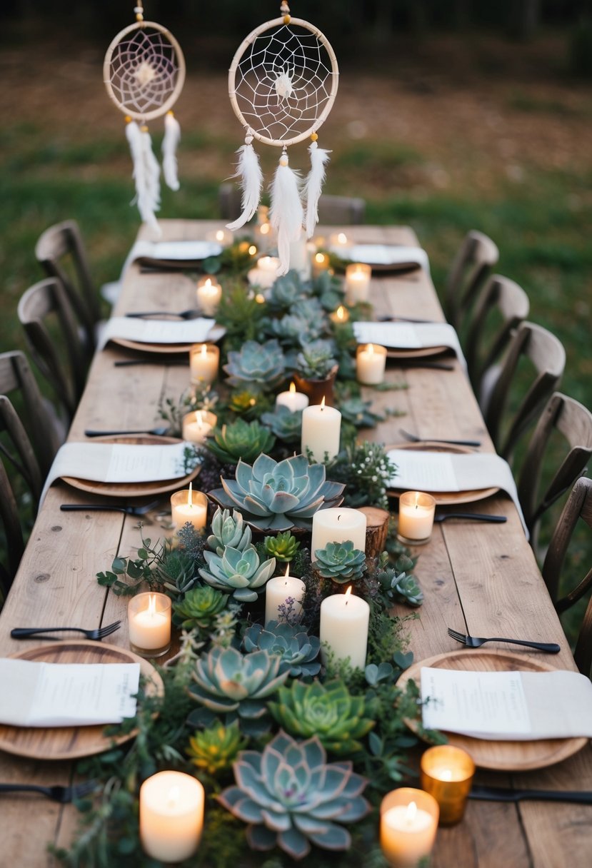 A rustic wooden table adorned with succulents and sage greenery, surrounded by candles and dreamcatchers, creating a bohemian wedding centerpiece