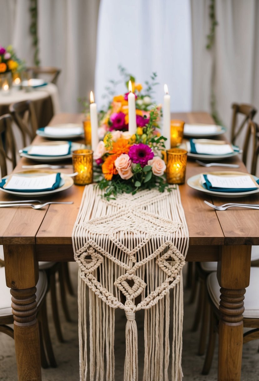 A bohemian wedding scene with a macramé table runner draped over a wooden table, surrounded by vibrant flowers and candles