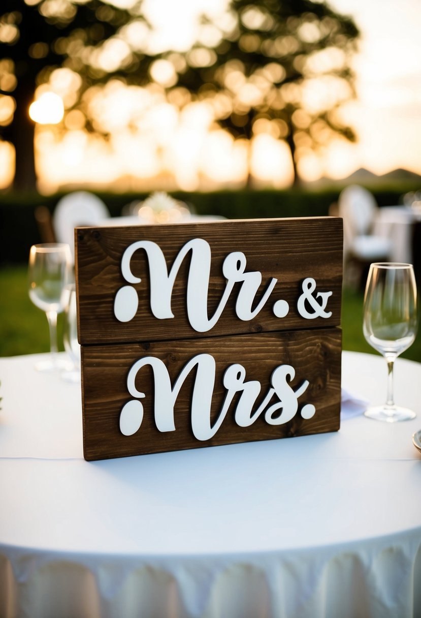 A rustic wooden sign with "Mr" and "Mrs" displayed on a wedding table