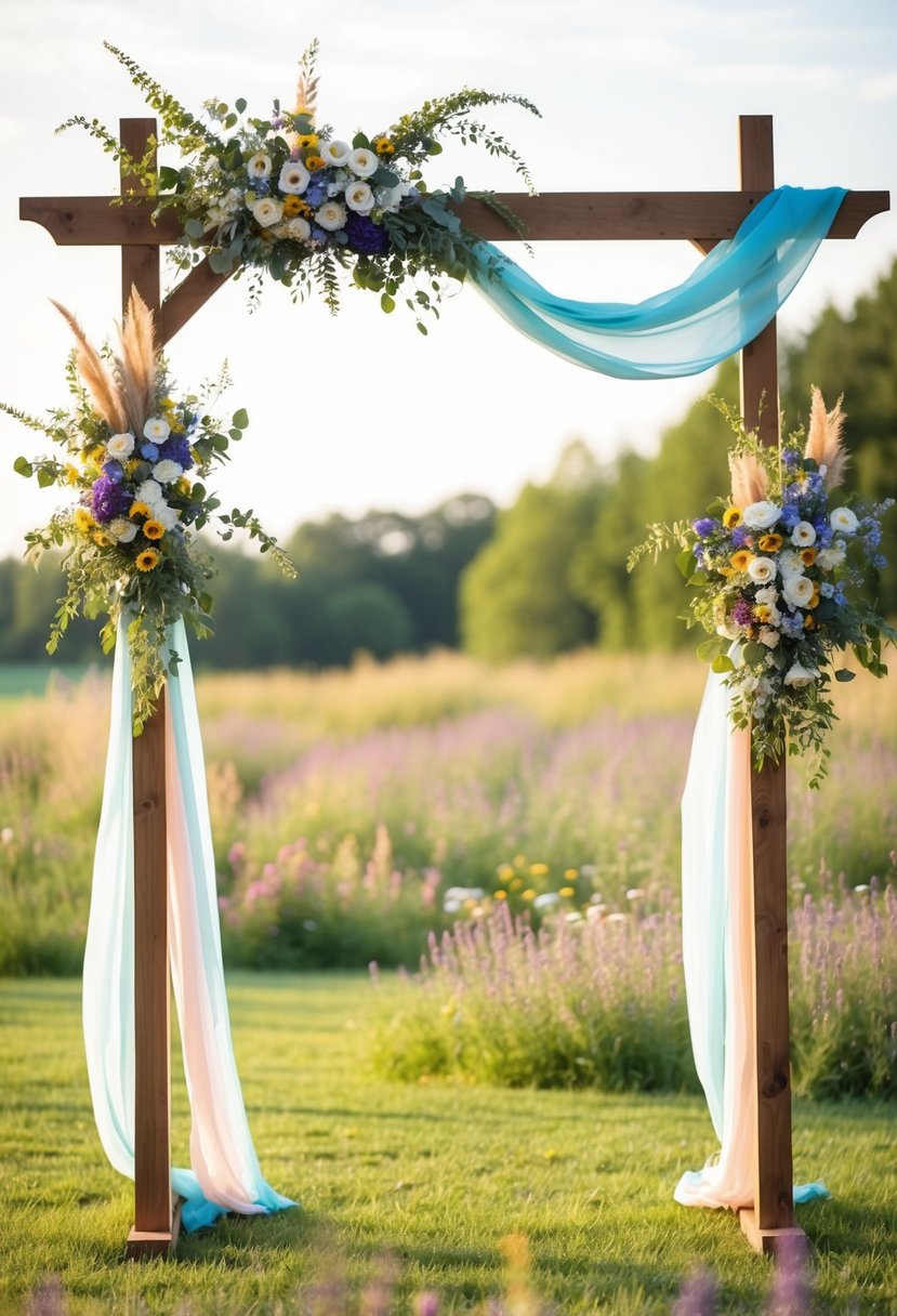 An asymmetrical wooden wedding arch adorned with wildflowers and draped with colorful fabric