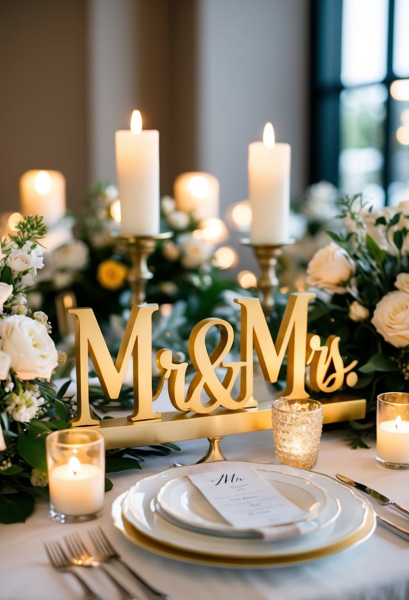 A golden "Mr." and "Mrs." sign sits on a beautifully decorated wedding table, surrounded by elegant floral arrangements and glowing candlelight