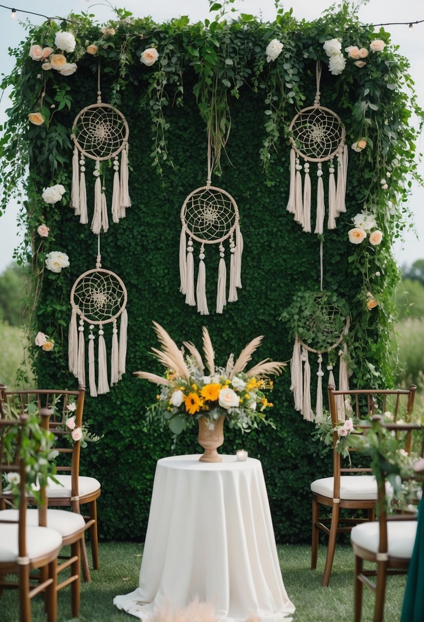 A lush greenery wall serves as a backdrop for a bohemian wedding, with cascading vines, wildflowers, and dreamcatchers intertwined throughout