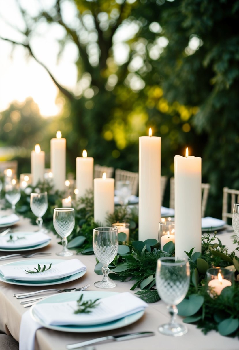 A wedding table adorned with candles and greenery