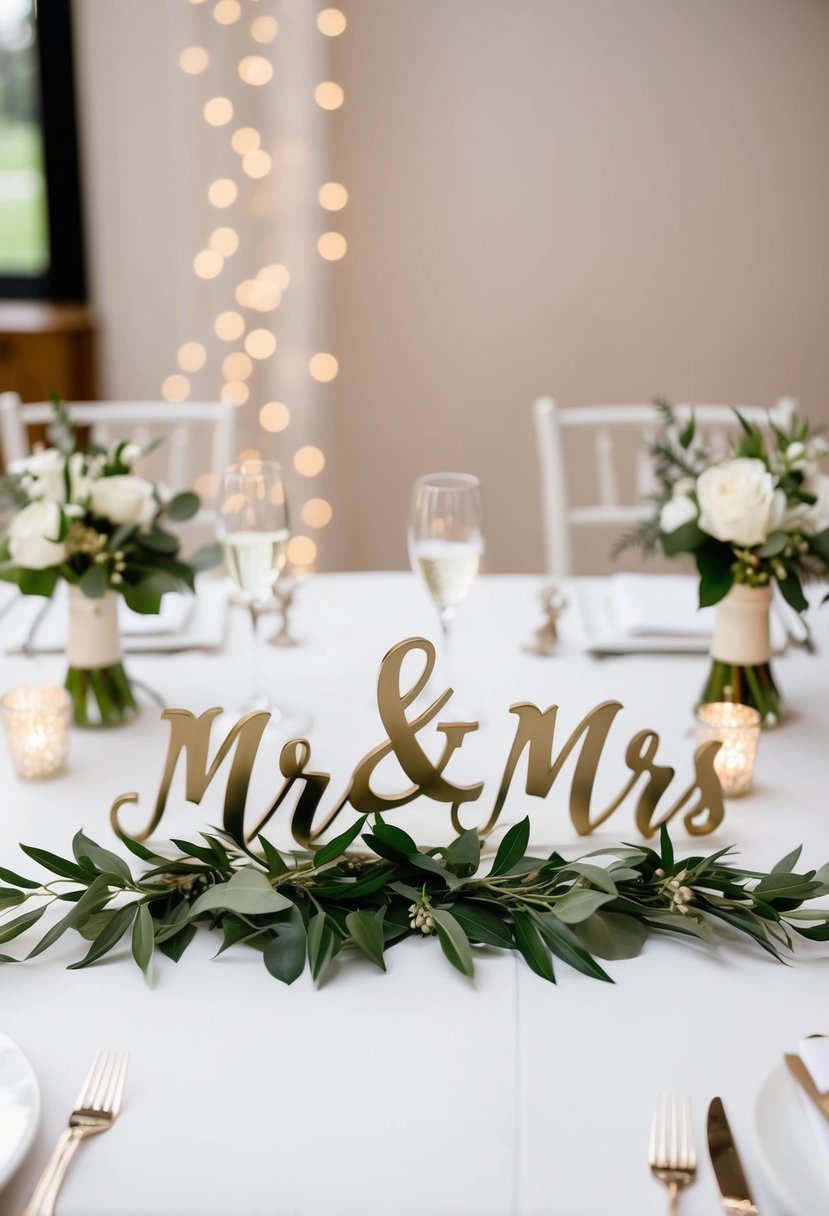 A white table adorned with elegant Mr and Mrs wedding decor