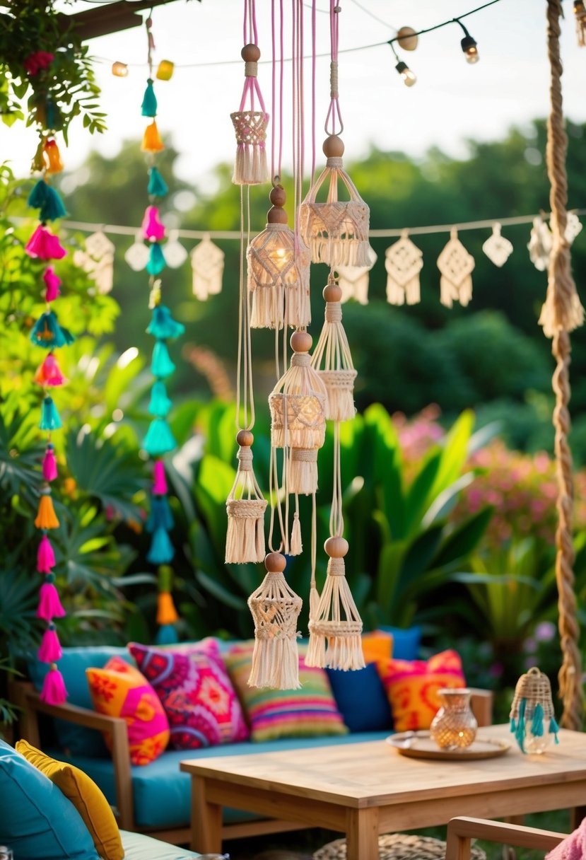 A cozy outdoor setting with hanging macramé light fixtures, surrounded by lush greenery and colorful bohemian decorations