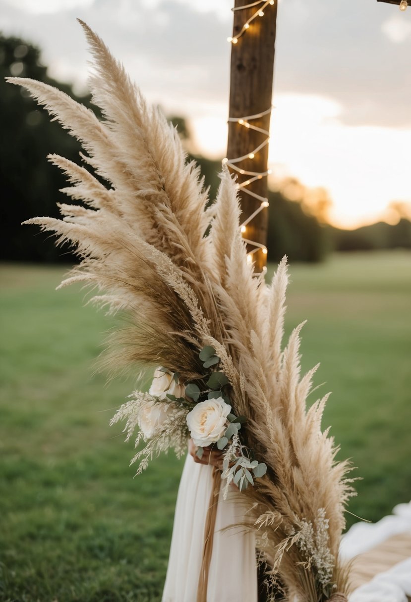 Pampas grass adorns a bohemian wedding, adding texture and natural beauty to the outdoor setting