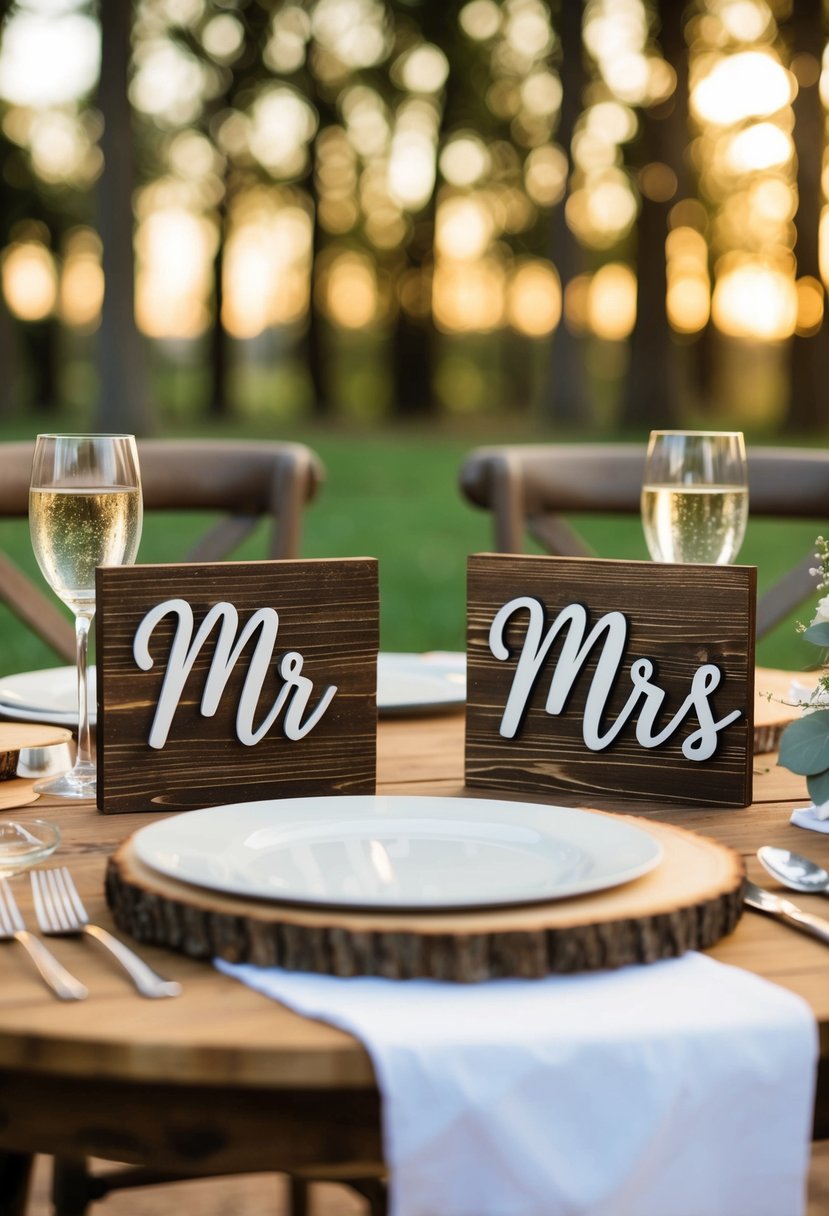 A rustic wedding table set with matching "mr and mrs" MDF wood signs