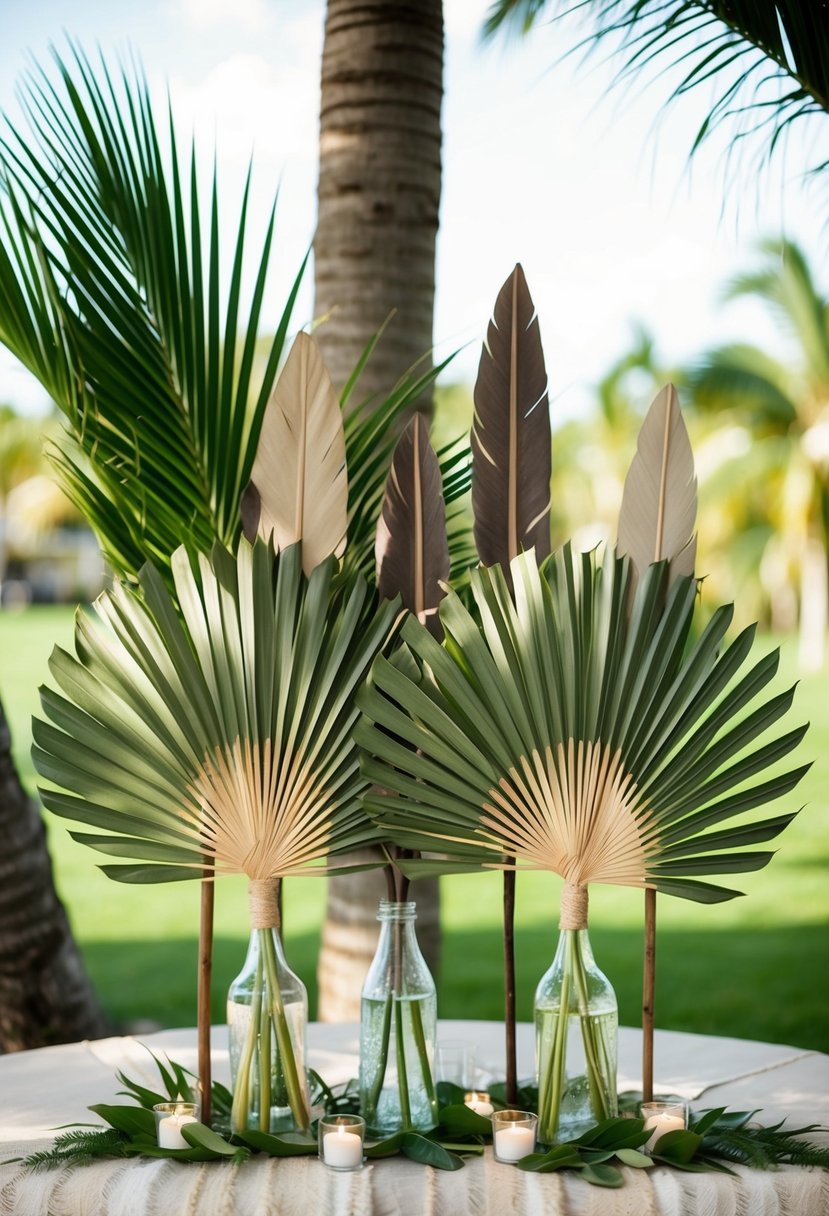 Palm fans and spears adorn a bohemian wedding, creating a tropical and rustic atmosphere