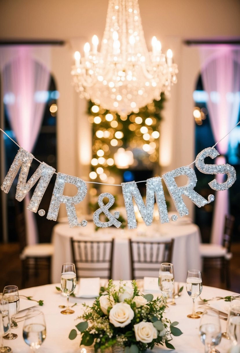 A glittering "Mr. & Mrs." banner hangs above a beautifully decorated wedding table, adorned with sequins and elegant details