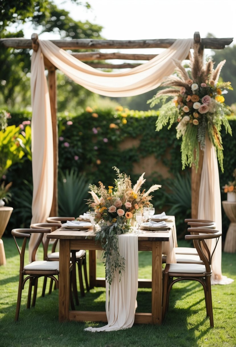 A bohemian wedding set in a lush, outdoor garden with earthy tones, featuring rustic wooden furniture, draped fabric, and wildflower arrangements