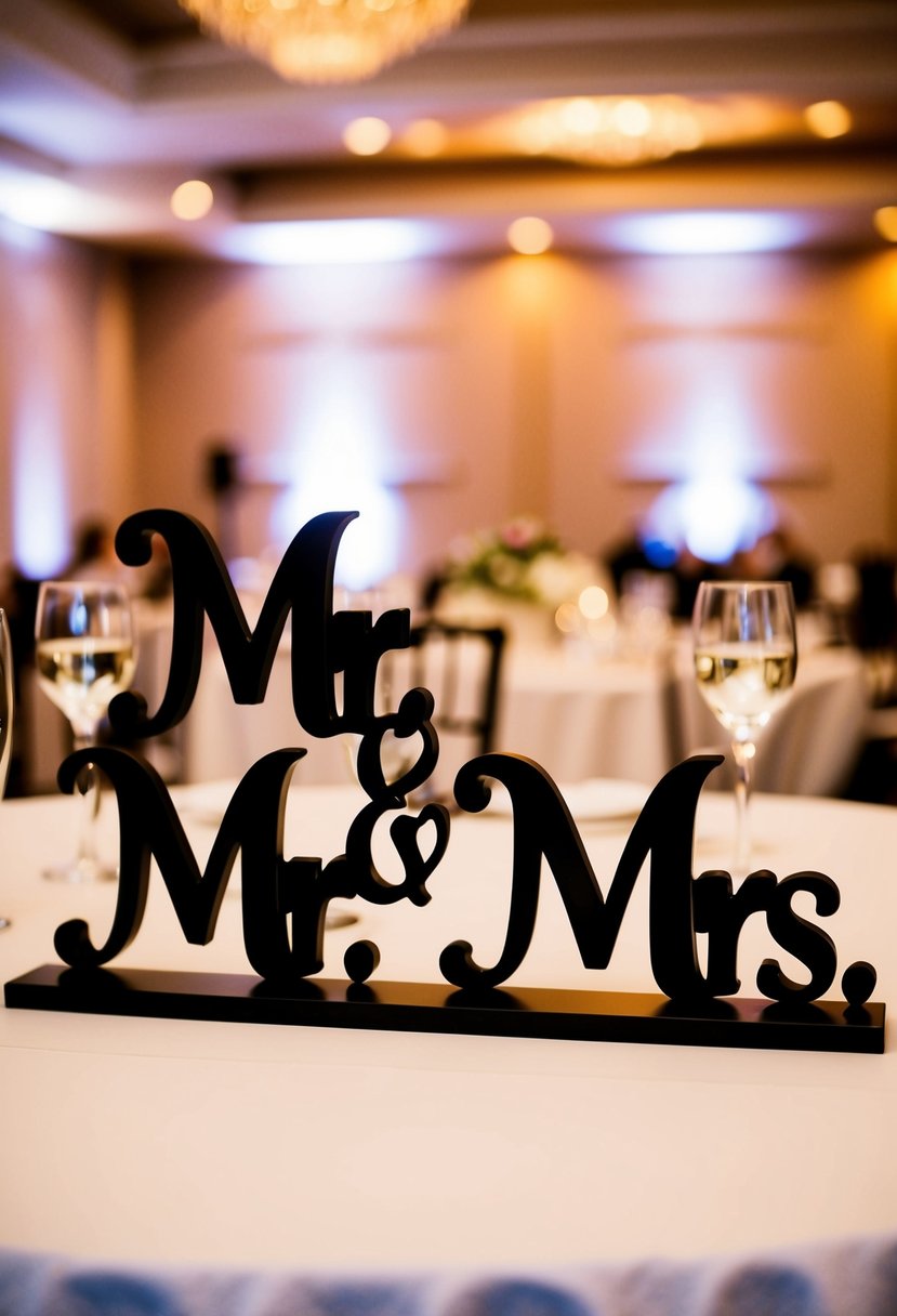 A beautifully crafted table sign with "Mr. and Mrs." design for a wedding reception