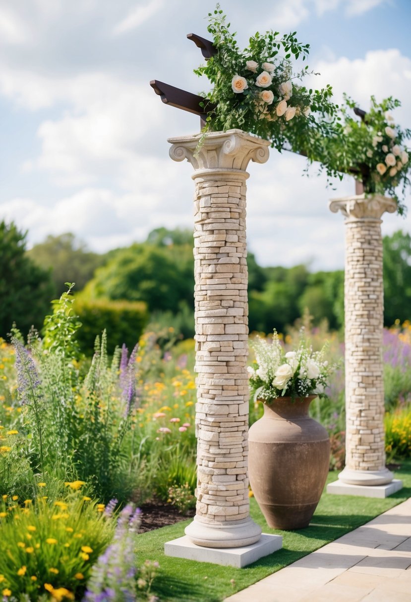 An outdoor wedding with stone-textured decorations, such as carved pillars, rustic vases, and ornate archways, set against a backdrop of lush greenery and blooming wildflowers