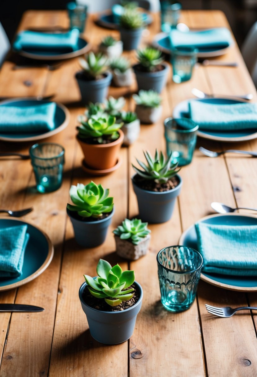 A rustic wooden table adorned with potted succulents, recycled glass candle holders, and reusable fabric napkins