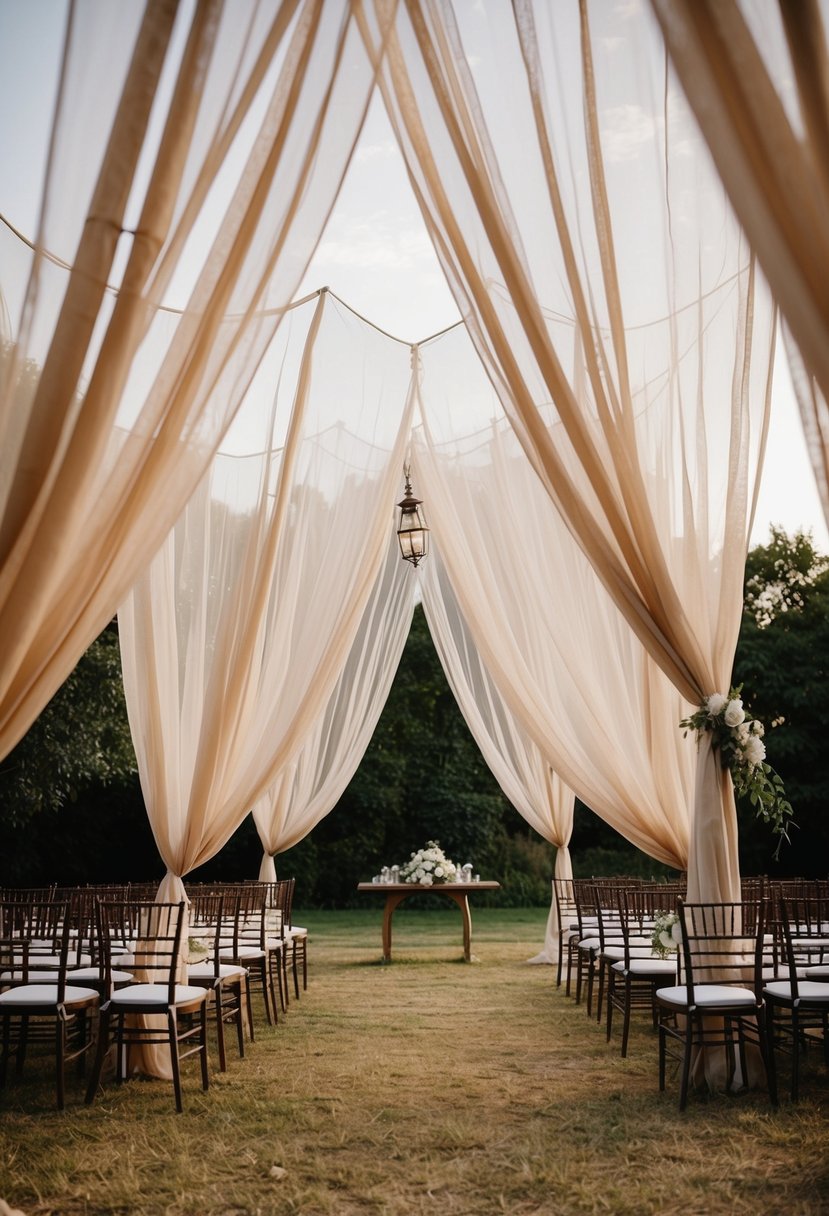 A billowing canopy of gauzy fabrics drapes over a rustic outdoor wedding setting, creating a dreamy and ethereal atmosphere