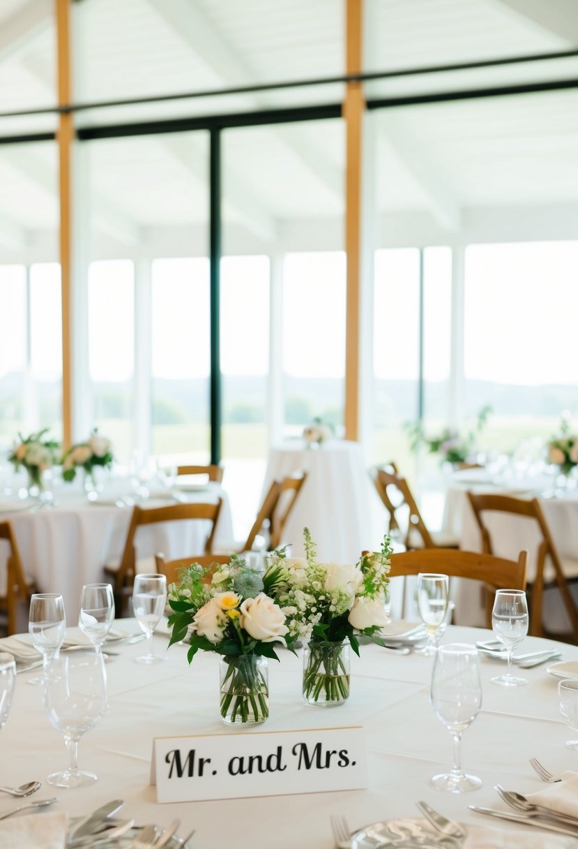 A round table set with short floral centerpieces for a wedding, labeled "Mr. and Mrs.," in a bright, airy room with large windows