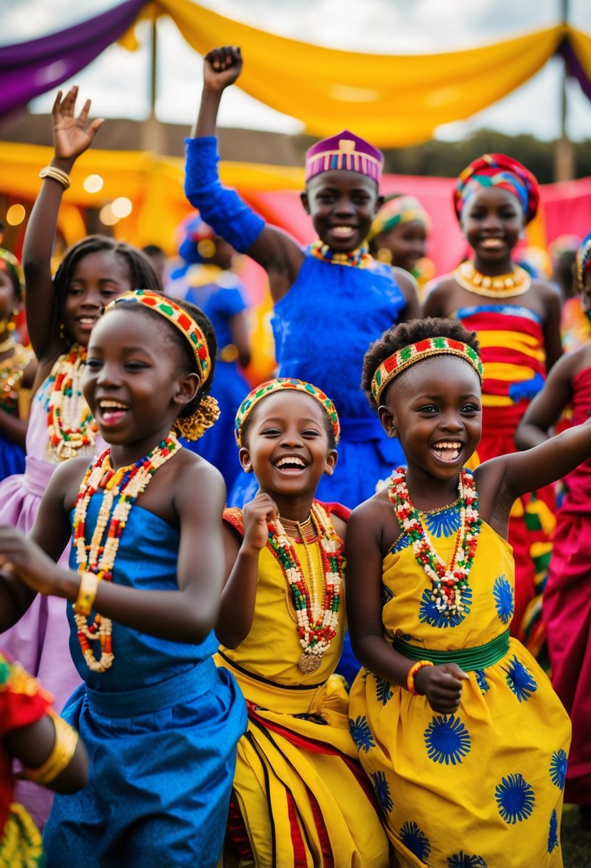 A joyful group of children in colorful African wedding attire, dancing and celebrating in a vibrant, festive setting