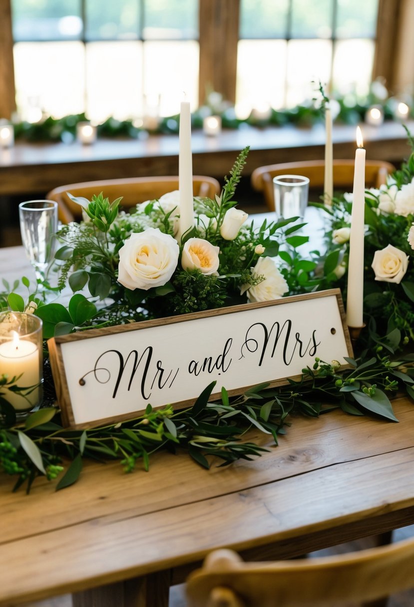 A wooden table adorned with fresh flowers, greenery, and candles. A rustic sign reads "Mr and Mrs" in elegant calligraphy