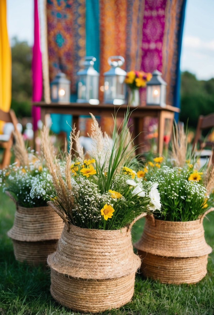 A rustic outdoor wedding with jute and seagrass baskets filled with wildflowers, set against a backdrop of colorful tapestries and lanterns