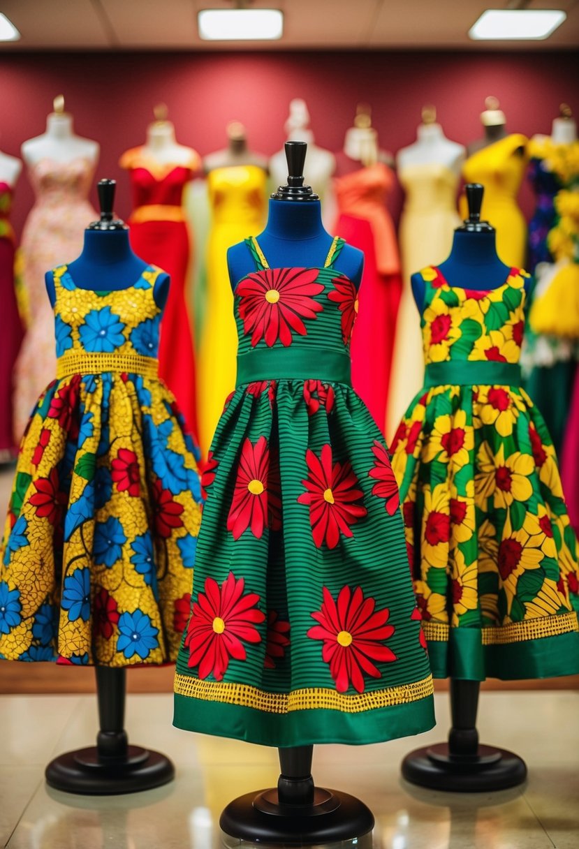 Colorful Kitenge dresses with floral patterns on display for kids' African wedding attire