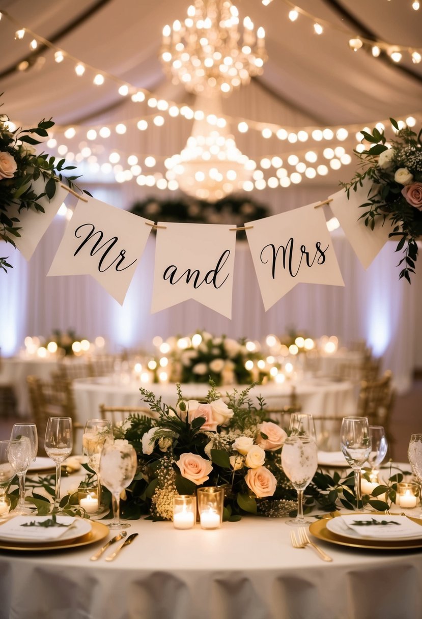 A beautifully decorated wedding table with a personalized banner reading "Mr and Mrs" in elegant calligraphy, surrounded by floral centerpieces and twinkling candlelight