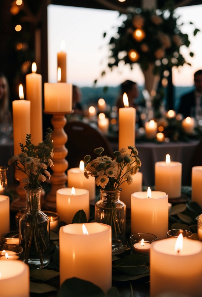 A cozy bohemian wedding scene with an abundance of candles creating a warm and romantic ambiance