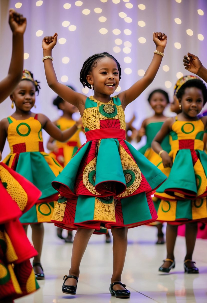 A group of children wearing Ankara peplum gowns in vibrant colors, dancing and celebrating at an African wedding