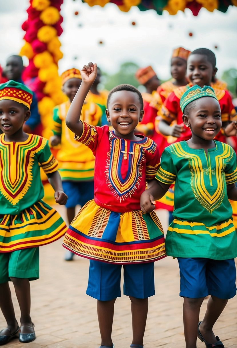 A group of children wearing vibrant dashiki tunic sets, dancing and celebrating at an African wedding