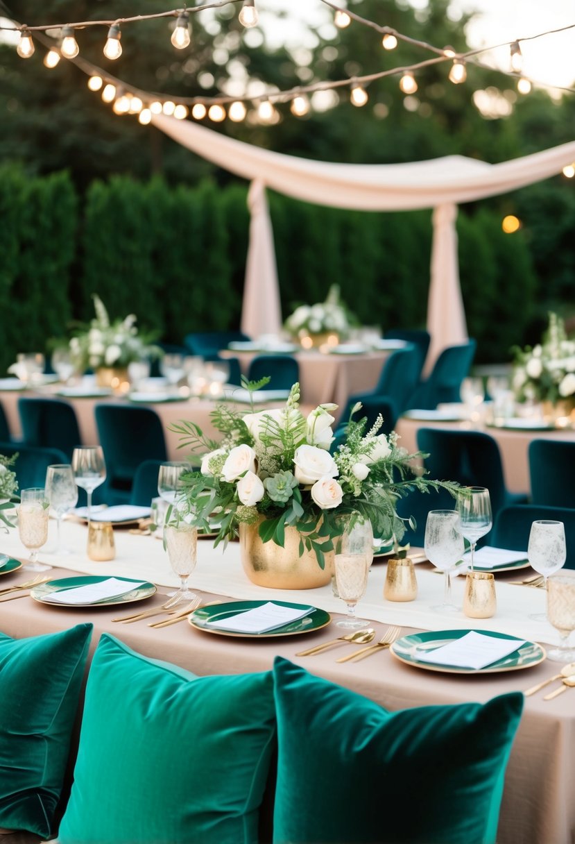 An outdoor wedding reception with emerald velvet cushions, draped fabric, and bohemian decor