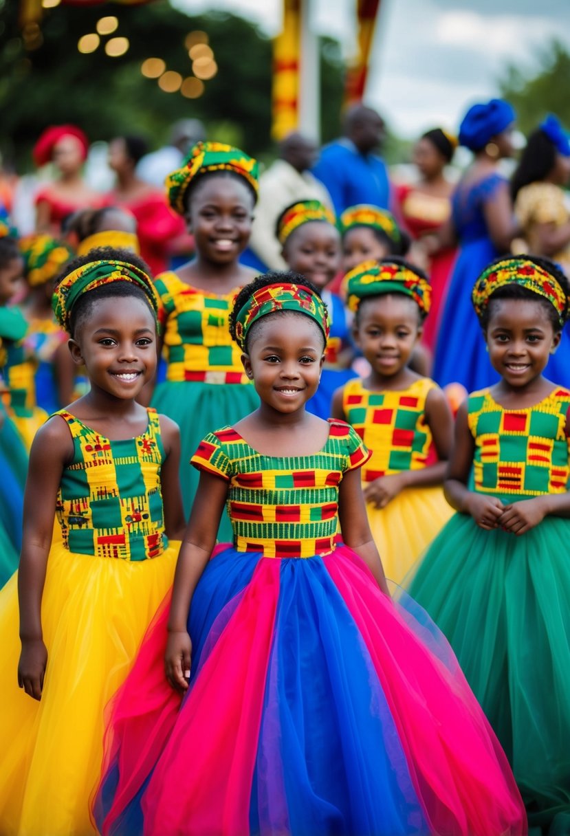 A group of kids in colorful Kente print ball gowns at an African wedding celebration