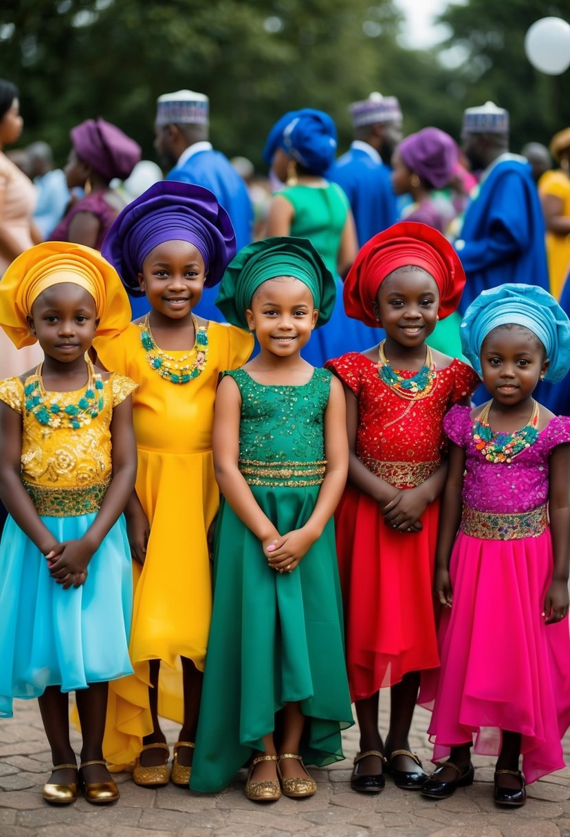 A group of children wearing colorful chiffon Aso Ebi dresses at an African wedding