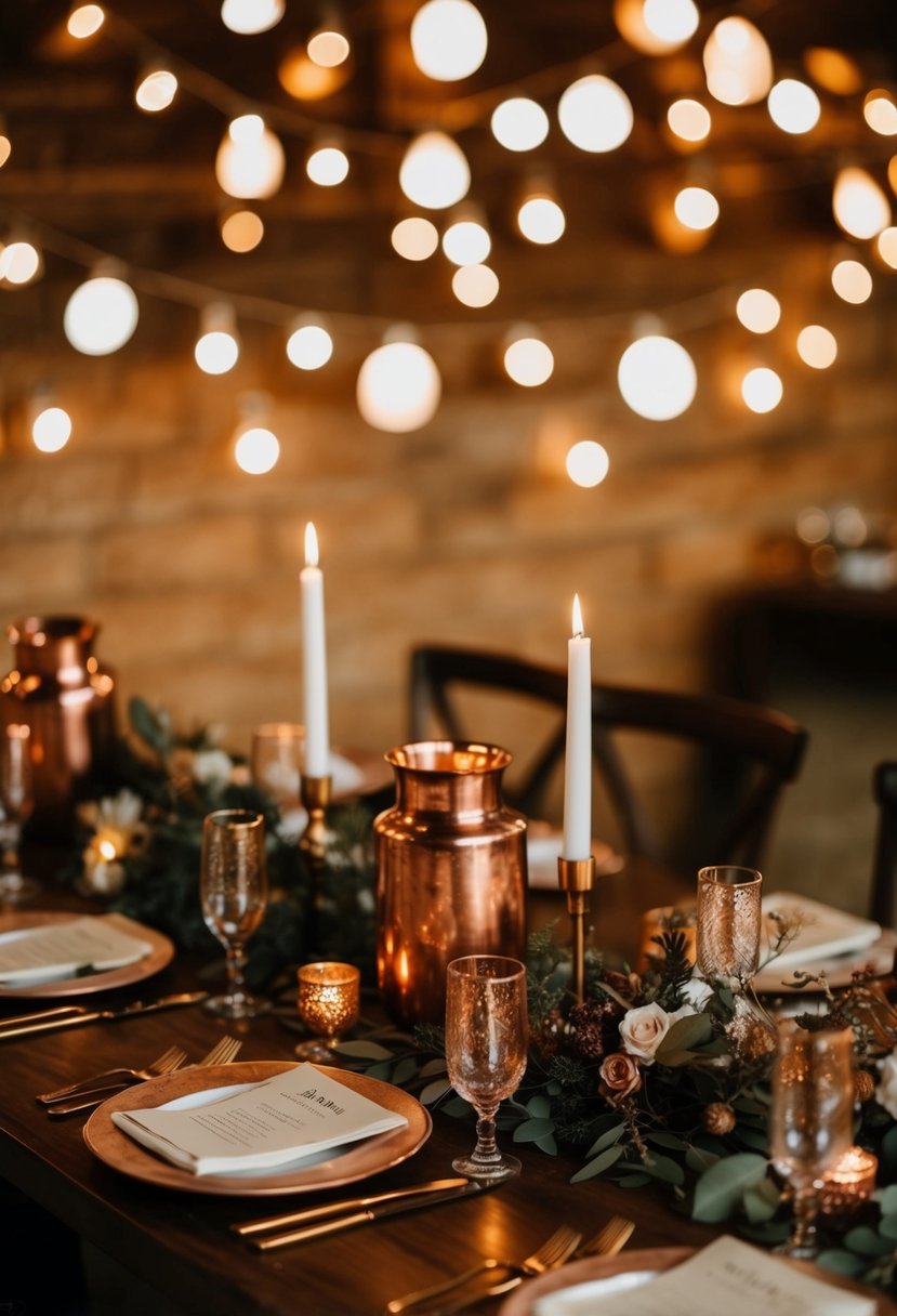 A bohemian wedding scene with copper accents, warm lighting, and earthy decor