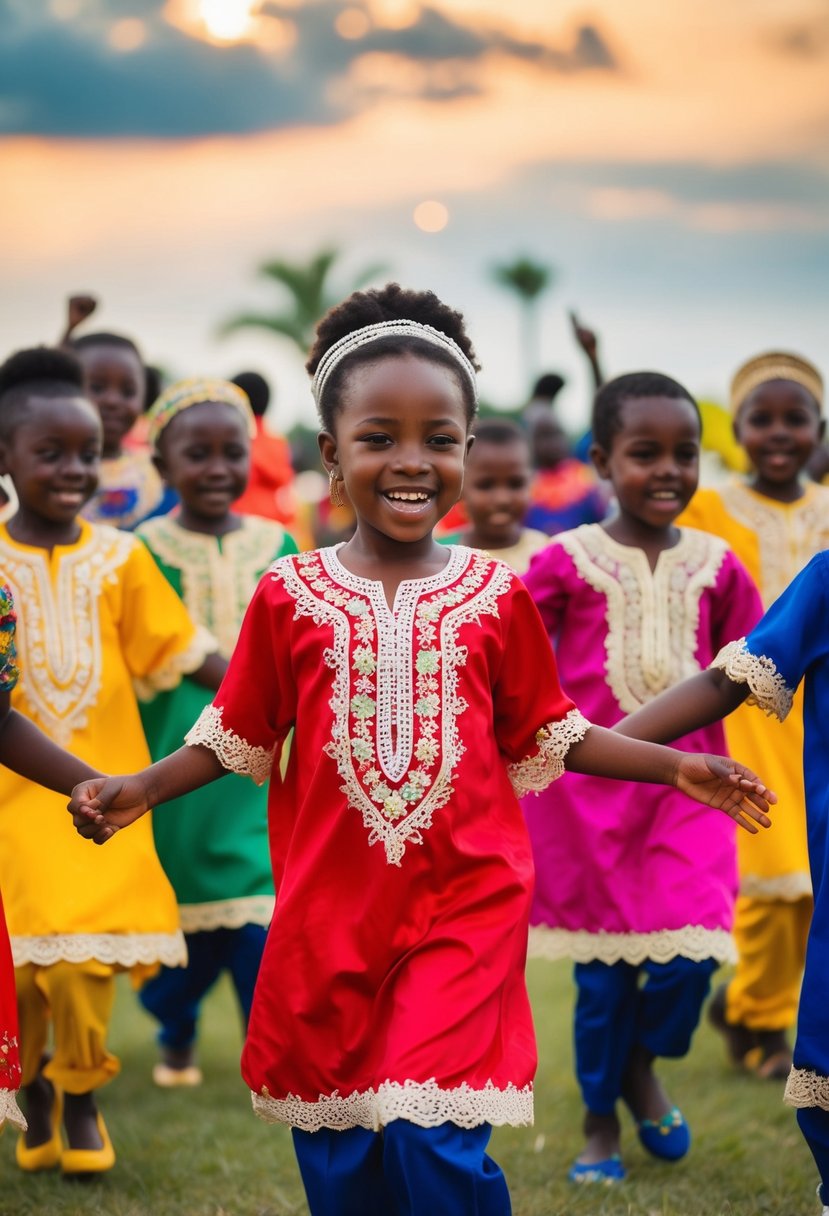 A group of children wearing lace embellished kaftans in vibrant African wedding colors, dancing and celebrating joyfully