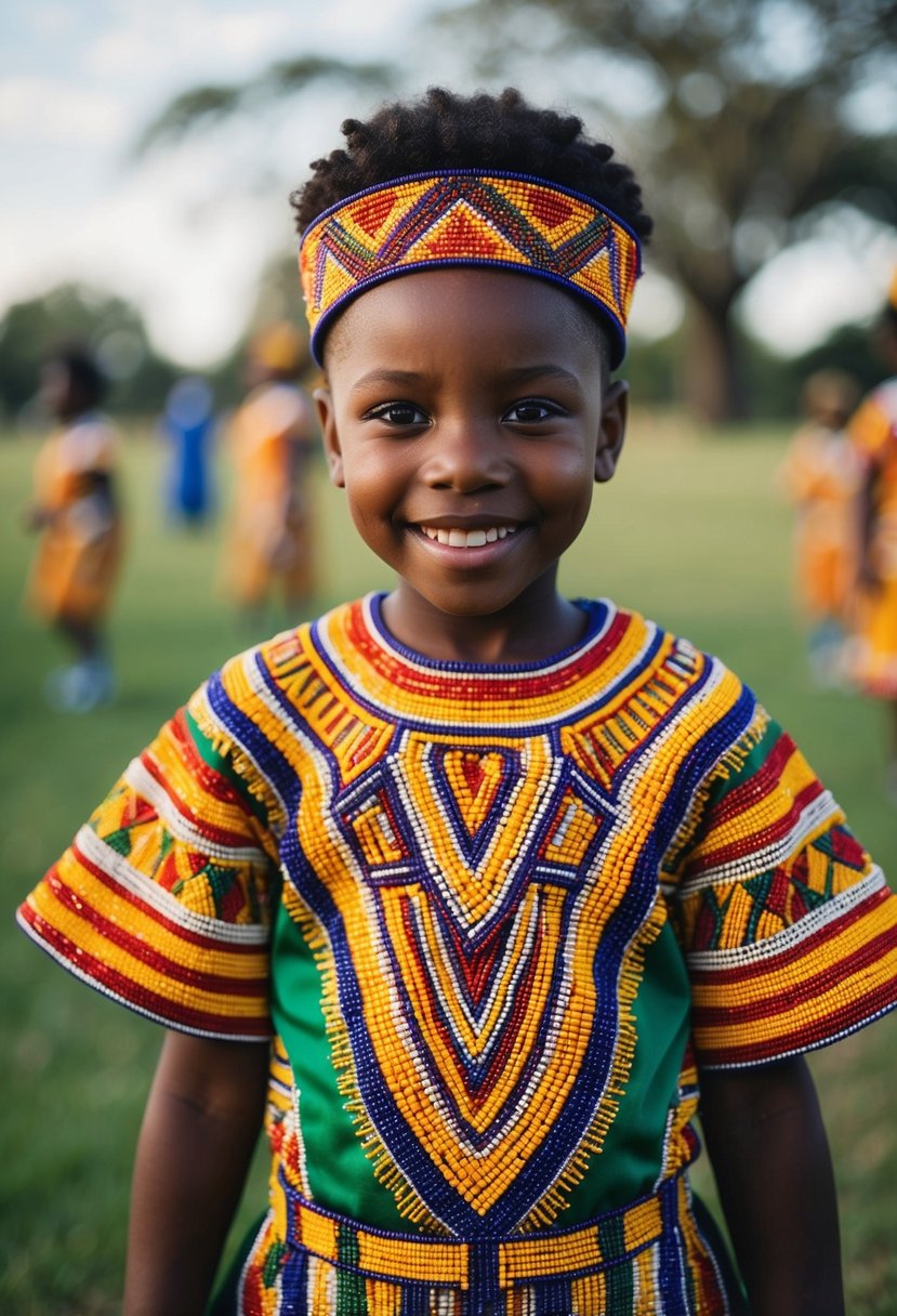 A vibrant Zulu beadwork dress with intricate patterns and bold colors, inspired by African wedding traditions, designed for kids