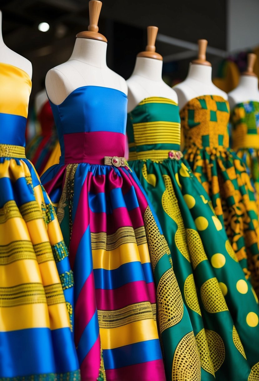 A colorful array of satin print Kitenge frocks, perfect for African wedding dress ideas for kids, displayed on mannequins