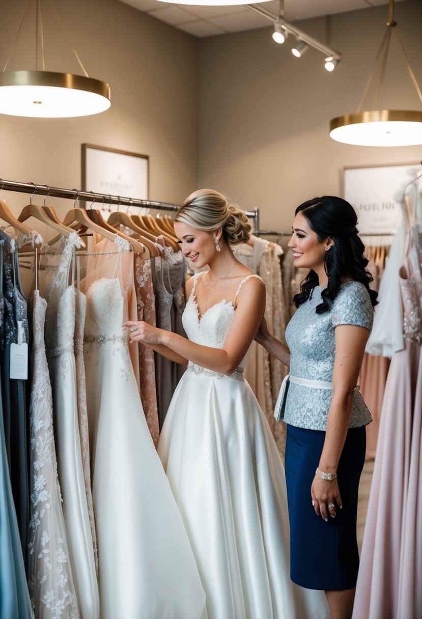 A maid of honor browsing through racks of wedding dresses in a bridal boutique, consulting with the bride and offering feedback on various styles