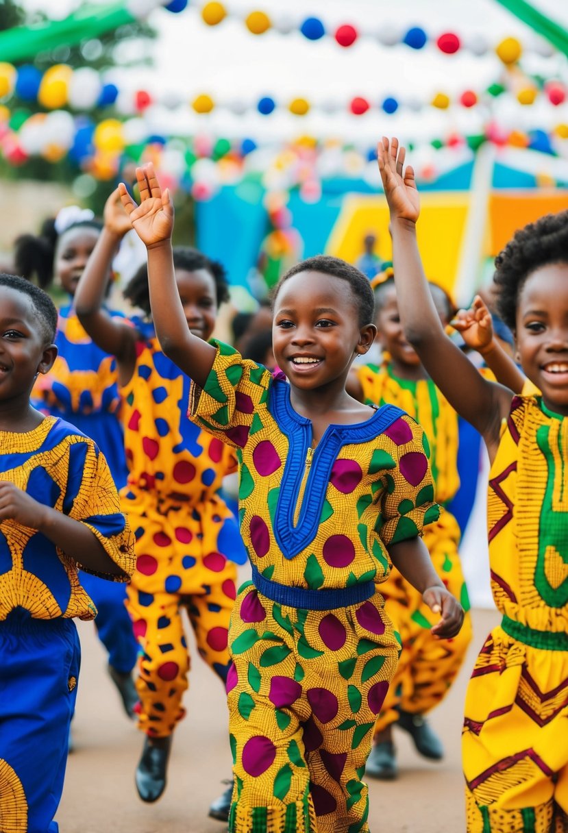 A group of kids wearing vibrant Bohemian Ankara jumpsuits at an African wedding, dancing and celebrating with colorful decorations in the background