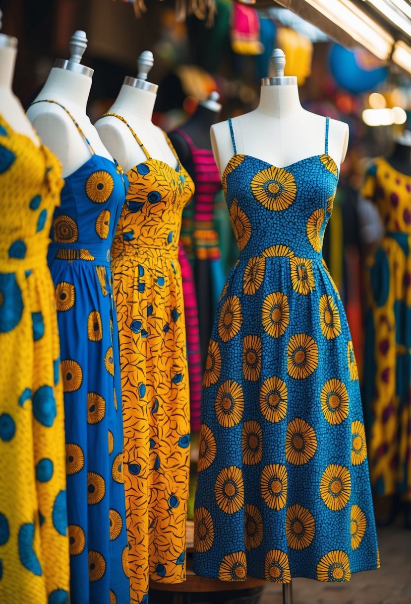 Colorful print sundresses on mannequins in a vibrant African market stall